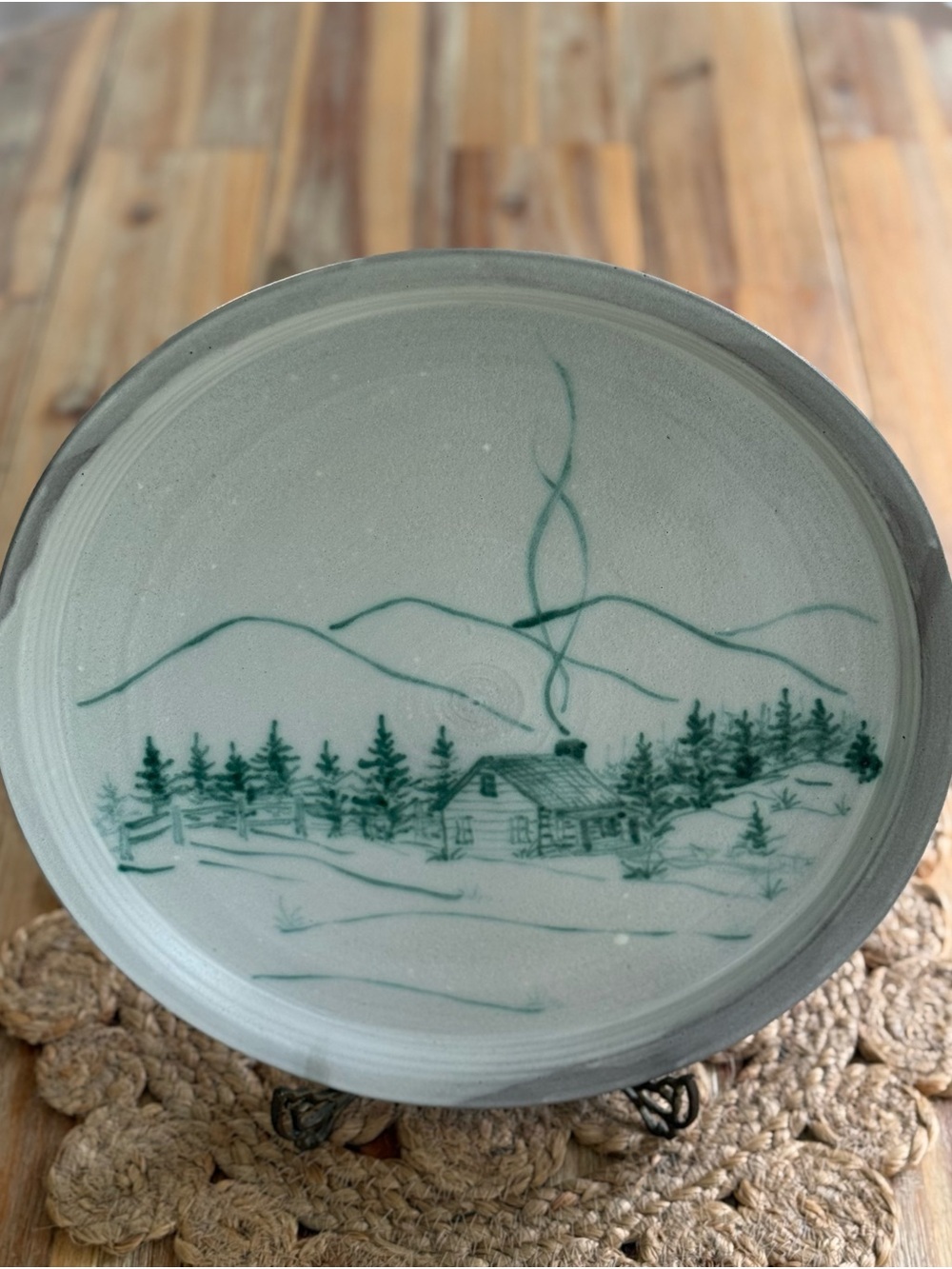 Vintage Studio Art Pottery Platter -  White and Green Scenic Cabin Design